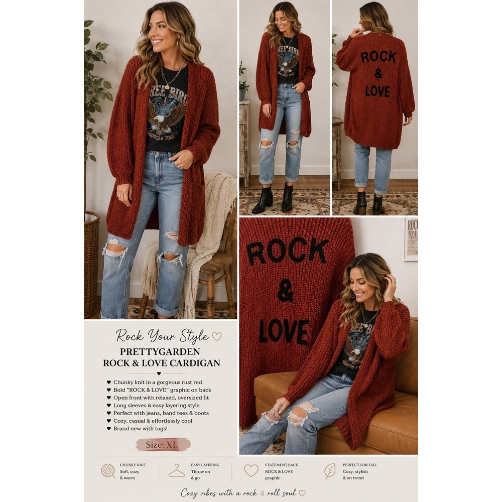 Prettygarden Rust Red Chunky Knit "Rock & Love" Open Front Cardigan XL